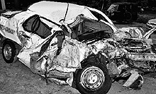 The mangled remains of the Indigo car that was hit by a Himachal Roadways bus near the light point of Sectors 45 and 46 in Chandigarh