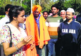 AAP candidate from Chandigarh Gul Panang launches her poll campaign at Khatkar Kalan on Wednesday