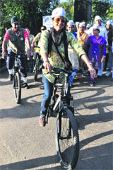 AAP candidate Gul Panag during her election campaign in Sector 16, Chandigarh, on Thursday.