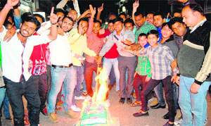 Supporters of Haridwar city MLA Madan Kaushik burn an effigy of BJP Lok Sabha candidate Ramesh Pokhriyal Nishank in Haridwar on Thursday. The Kaushik group is opposing Nishanks candidature from Haridwar. 