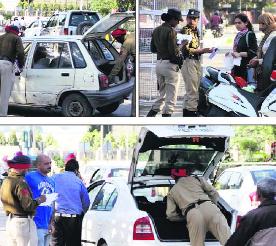 Security check: Ahead of the polls, the police search vehicles in Jalandhar on Thursday