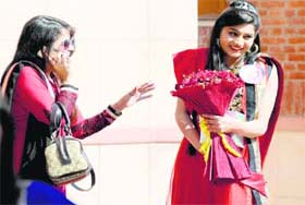 Navkiran (right), who won the Miss Farewell title at a farewell party at the Khalsa College for Women in Ludhiana