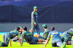 The Pakistan players train on the eve of their match against India in Dhaka. AFP