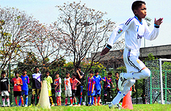 A player takes part in the trials held for selecting a fresh batch of trainees at Chandigarh Football Academy in Sector 42