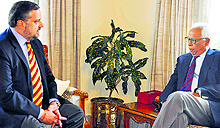 Ambassador of Spain to India Gustavo de Aristegui with Governor NN Vohra at Raj Bhawan in Jammu on Thursday