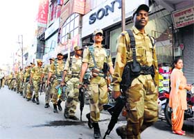 Show of force: The paramilitary force personnel during a flag march in Bathinda on Friday