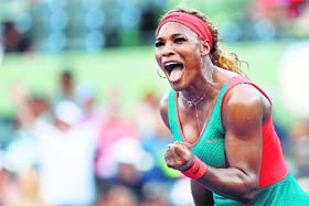 Serena Williams reacts after winning the first set against Yaroslava Shvedova in the Sony Open in Miami on Thursday
