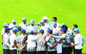 The Indian team in a huddle during a practice session at the Sher-e-Bangla National Cricket Stadium