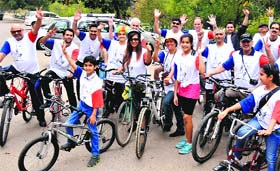 Participants during a bicycle rally in Chandigarh on Sunday