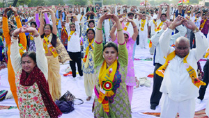 Yoga guru Baba Ramdevs followers during the 'Yog Mahotsav' at Ramlila Maidan in New Delhi on Sunday.