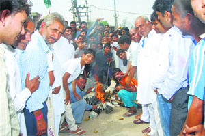 INLD activists burn an effigy of MLA Rameshwar Dayal at Bawal village in Rewari on Sunday.