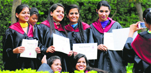 Girls in a jubilant mood after receiving degrees during the convocation ceremony at the Malwa Central College of Education for Women in Ludhiana.