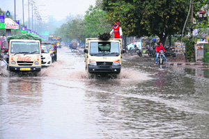 A submerged road after heavy rain in Bathinda on Monday.