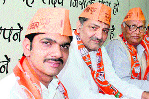 Three suspended BJP councillors who were reinstated by the party at the BJP office, Sector 2, Panchkula, on Monday.