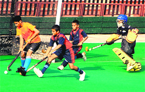 Players in action at the Hockey Stadium in Sector 42, Chandigarh.