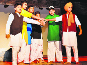 Students of Hallmark Public School enact a play on Shaheed Bhagat Singh at the Yavanika Open Air Theatre in Panchkula on Monday.