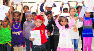 Students in a jubilant mood after the declaration of their results at Shivalik Public School in Mohali on Monday.