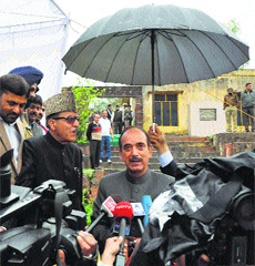 Congress nominee for the Udhampur seat Ghulam Nabi Azad addresses mediapersons after holding a public meeting on the outskirts of Jammu.