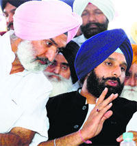 SAD candidate from Patiala Deepinder Dhillon with Revenue Minister Bikram Majithia in Rajpura on Monday