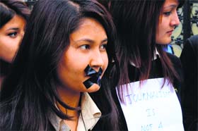 Nepalese journalists and law students protest outside the Egyptian Embassy in Kathmandu on Monday to demand the release of Al Jazeera journalists held in Egypt