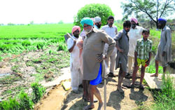 Residents of Gehri Bhagi village at the breach site in Bathinda on Tuesday. a Tribune photograph