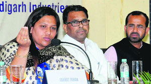 BSP candidate Jannat Jahan addresses the open debate for Lok Sabha candidates organised by industrialists at Sector 31 in Chandigarh on Tuesday evening. 