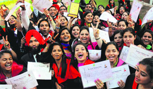 Students in a jubilant mood after receiving degrees during the convocation of the Government College of Education in Sector 20, Chandigarh, on Tuesday