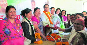 All India Mahila Congress general secretary and observer for Lok Sabha polls Parmeet Brar being felicitated at a function in Dehradun on Tuesday.