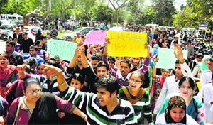 Paramedics protest against the management of Government Medical College in Bakshi Nagar, Jammu, on Tuesday