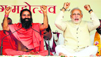 Ramdev and Narendra Modi came together in New Delhi on Sunday to ask people to vote for change in the LS polls.