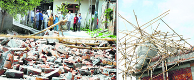 The debris of the dome that collapsed; and (right) a portion of the broken structure at the temple in Ludhiana on Wednesday.