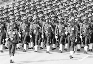 Assam Rifles troops march down Rajpath on Republic Day.