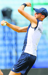 England captain Stuart Broad bowls in the nets at a training session in Chittagong on Wednesday.