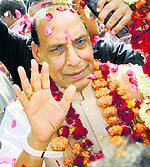 BJP president Rajnath Singh being welcomed in Lucknow on Wednesday