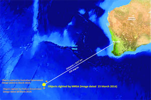 A satellite photo showing location of the unknown objects reported by the Malaysian Remote Sensing Agency in the Indian Ocean. Reuters
