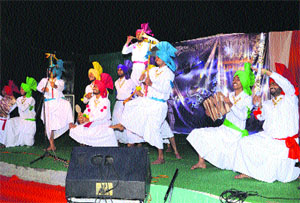 Students perform a cultural item during the technical fest being held at Giani Zail Singh College in Bathinda. 