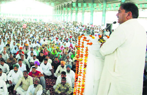INLD leader Abhay Singh Chautala addresses an election meeting at Kharkhoda in Sonepat on Thursday.