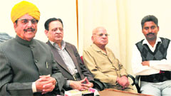 Dogra Sadar Sabha chief Gulchain Singh Charak addresses a press conference in Jammu on Thursday. Tribune Photo: Inderjeet Singh