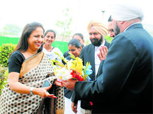 Justice Anita Chaudhary of the Punjab and Haryana High Court being welcomed in Muktsar on Thursday. She had come here to inspect the local courts and the district sub-jail. 