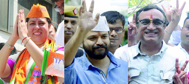(From left) Meenakshi Lekhi of the BJP, Ashish Khetan of AAP and Ajay Maken of the Congress.