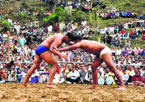 Residents enjoy wrestling bout at Nagaun khud in Sundernagar on Friday.