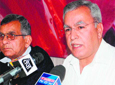 BJP leader and former IGP Farooq Khan addresses mediapersons in Jammu on Saturday.