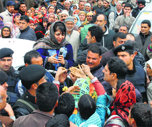 PDP president Mehbooba Mufti addresses people in Pulwama district on Saturday.