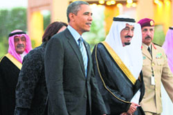 Saudi Arabia's Crown Prince Salman bin Abdulaziz Al Saud with President Barack Obama at Rawdat Khuraim. AP/PTI