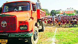 A vehicle belonging to the Municipal Corporation, Chandigarh, being used to transport material for the rally