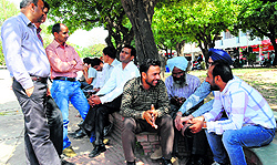 A group of government employees discusses the national poll scenario at the Sector 17 Plaza in Chandigarh