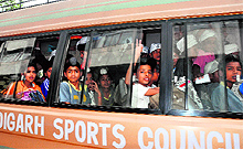 Hockey players being taken to the Sector 46 sports stadium from Sector 42, Chandigarh