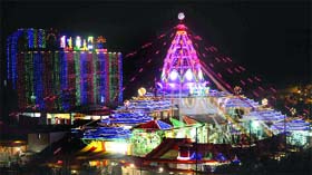 An illuminated Jhandewalan Temple on the eve of Navratri in New Delhi on Sunday