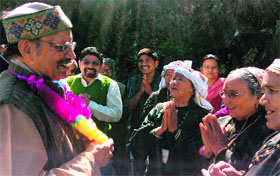 BC Khanduri, BJP candidate from Pauri Garhwal, meets tribal women at Chhinka in Chamoli district on Sunday.