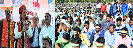 Union Minister Ghulam Nabi Azad addresses a gathering in Reasi on Sunday